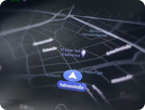 An image shows a close-up view of a digital map highlighting streets and locations.