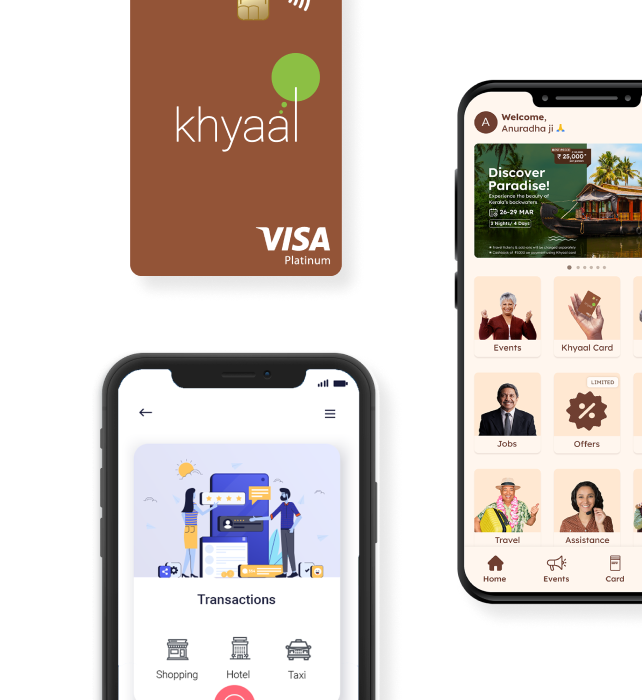 An image shows a Khyaal Visa Platinum card and two mobile phones, each displaying a section of the application.